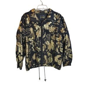 VTG Mureli Gold Black Leaves Print Full Zip Bomber Jacket Women's Size Medium